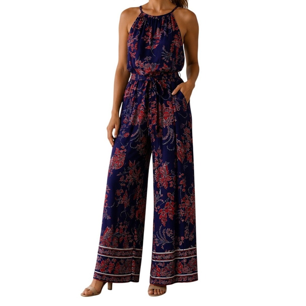 London Times Halter Pant Jumpsuit Women 8 Purple Red Floral Paisley Keyhole belt